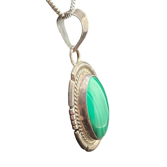 NAVAJO Jon McCray Oval Malachite Pendant Sterling Silver 2" Length - Picture 2 of 5